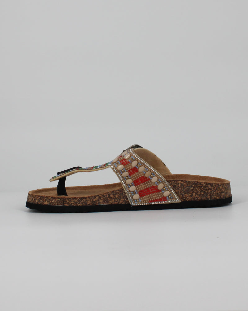 Sandali Infradito Bio con Perline e Strass - Beige Multicolor