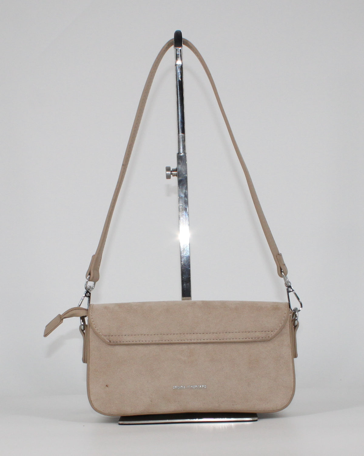 Borsa a Tracolla Beige in Ecopelle Scamosciata con Dettagli Argentati