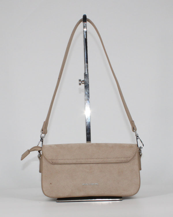 Borsa a Tracolla Beige in Ecopelle Scamosciata con Dettagli Argentati