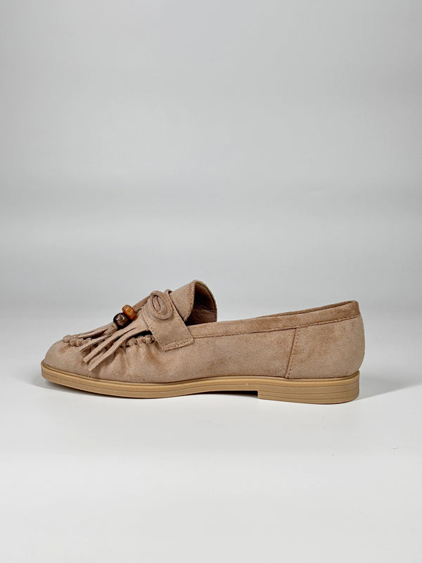 Mocassino in Suede con Frange e Perline - Beige