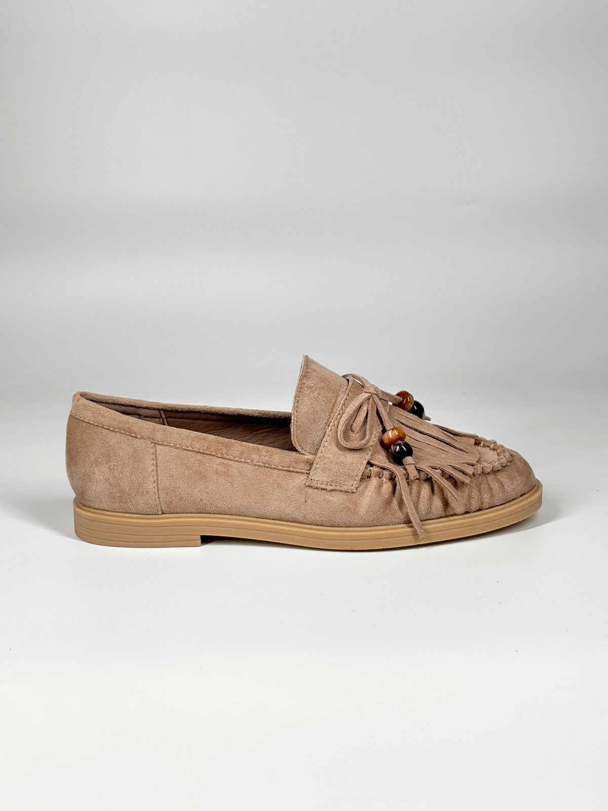 Mocassino in Suede con Frange e Perline - Beige