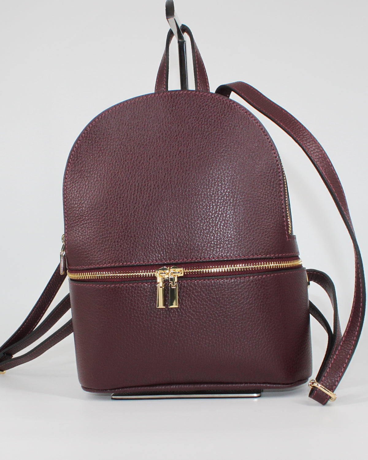 Zaino Donna  in Pelle Martellata con Zip Dorate e Tasca Frontale - Bordeaux