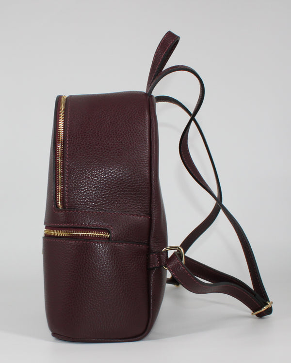 Zaino Donna  in Pelle Martellata con Zip Dorate e Tasca Frontale - Bordeaux