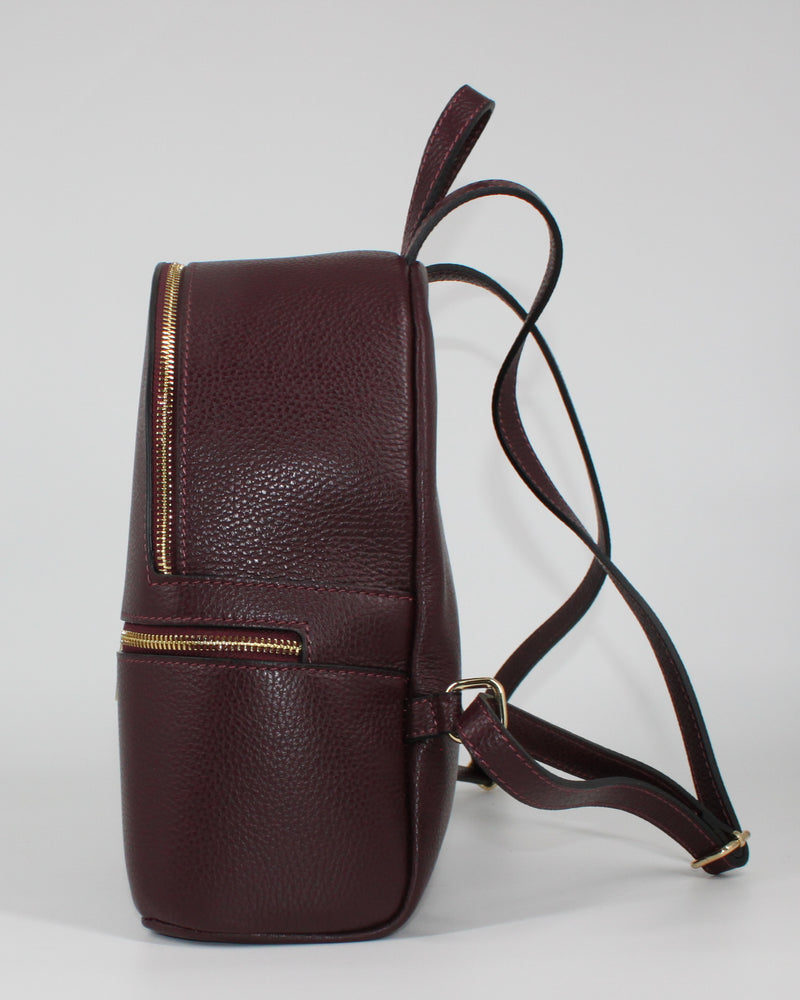Zaino Donna  in Pelle Martellata con Zip Dorate e Tasca Frontale - Bordeaux