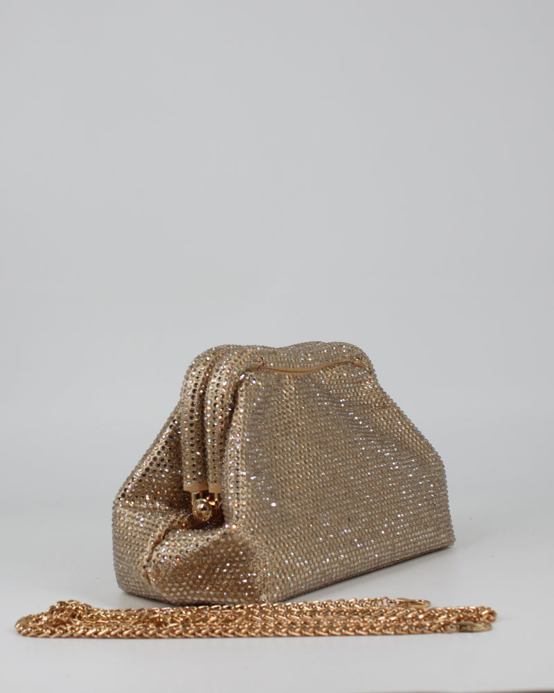 Clutch Gioiello con Strass Oro Rosa e Tracolla a Catena