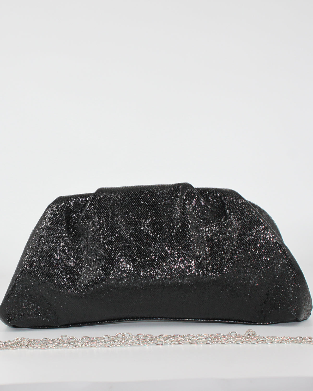 Clutch da Sera Metallizzata Nera con Tracolla a Catena