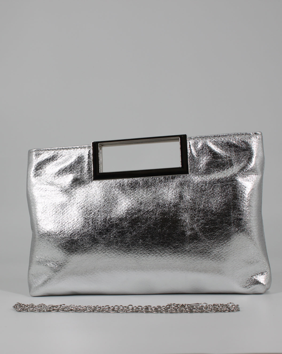 Clutch Rettangolare Laminata Argento con Manico Metallico e Tracolla