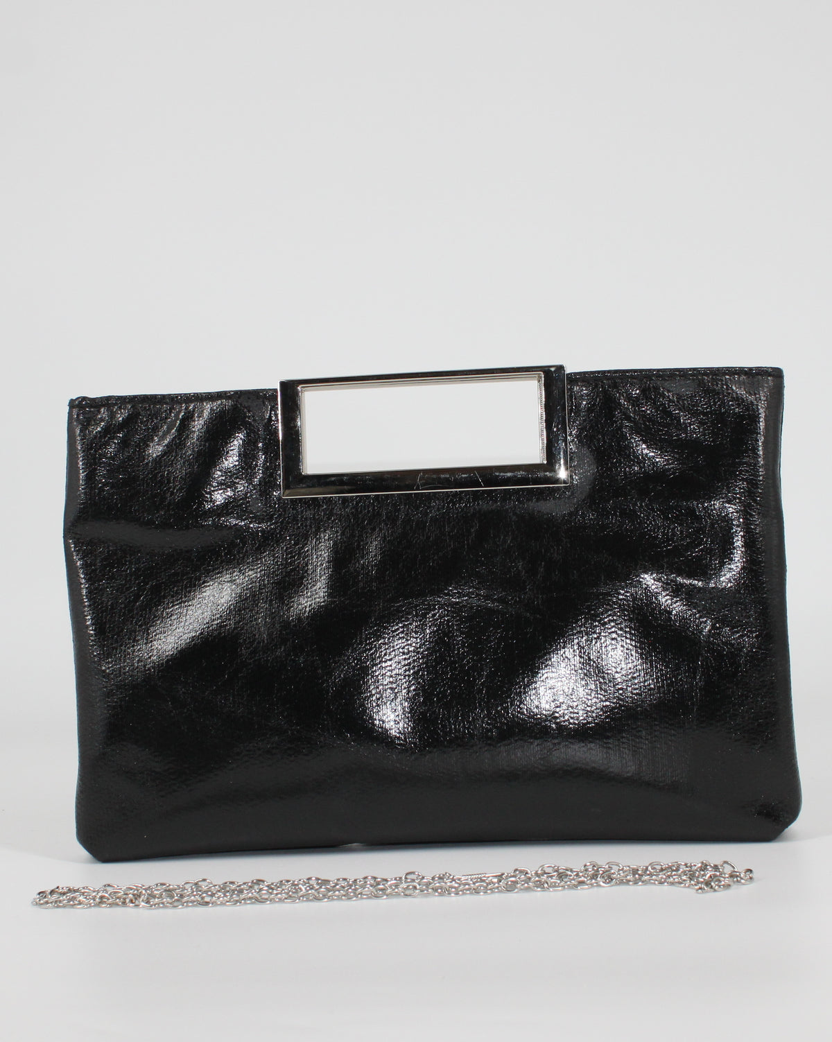 Clutch Rettangolare in Vernice Nera con Manico Metallico e Tracolla