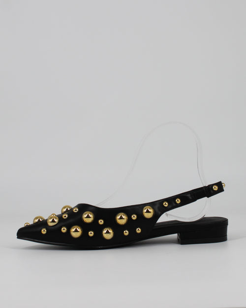Ballerine Nere Slingback a Punta in Pelle con Borchie Dorate