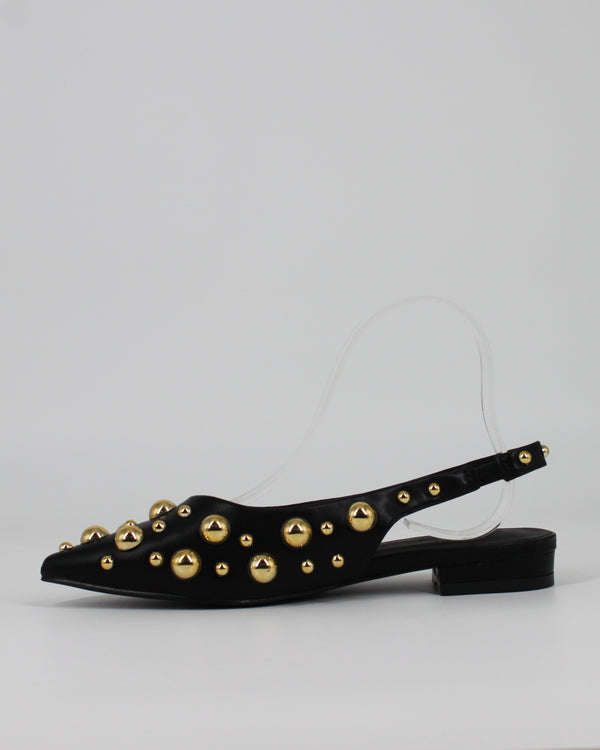 Ballerine Nere Slingback a Punta in Pelle con Borchie Dorate