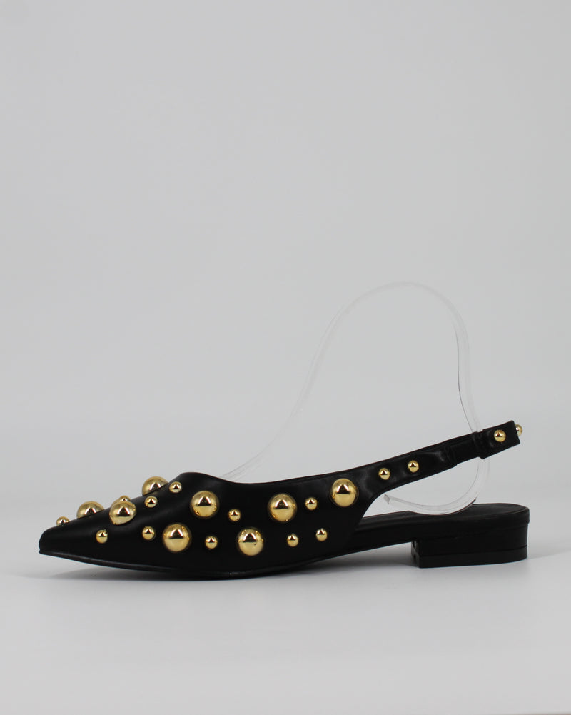 Ballerine Nere Slingback a Punta in Pelle con Borchie Dorate