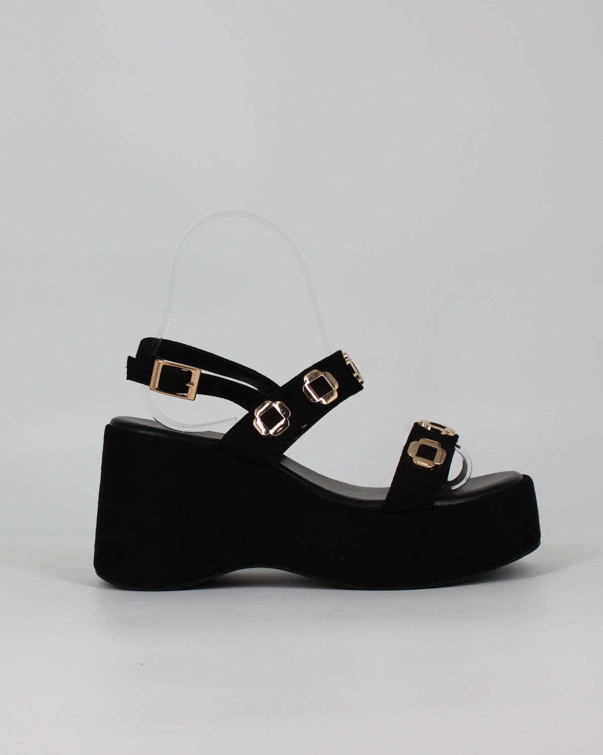 Sandali con Zeppa Nera con Dettagli Metallici Dorati