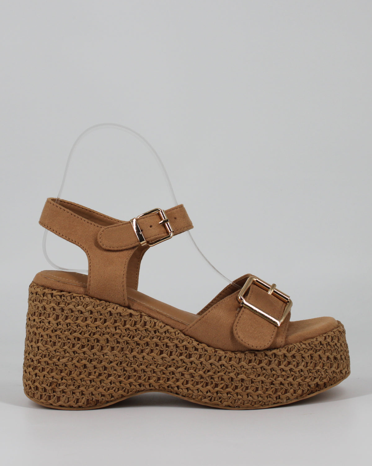 Sandali Zeppa in Corde Intrecciate e Camoscio Beige con Fibbie