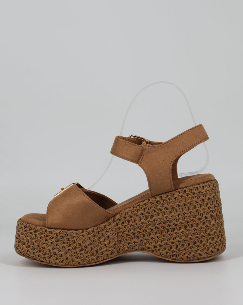 Sandali Zeppa in Corde Intrecciate e Camoscio Beige con Fibbie