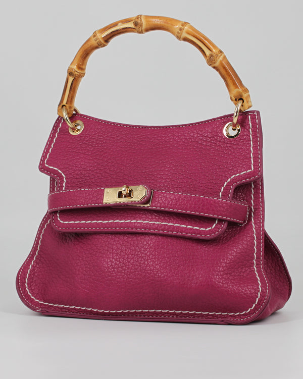 Borsa a Mano color Magenta in Ecopelle Martellata con Manico in Bamboo