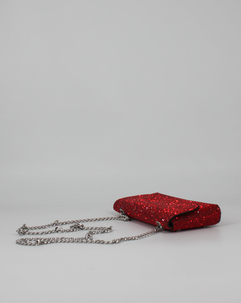 Pochette Gioiello in Strass con Tracolla a Catena - Rosso