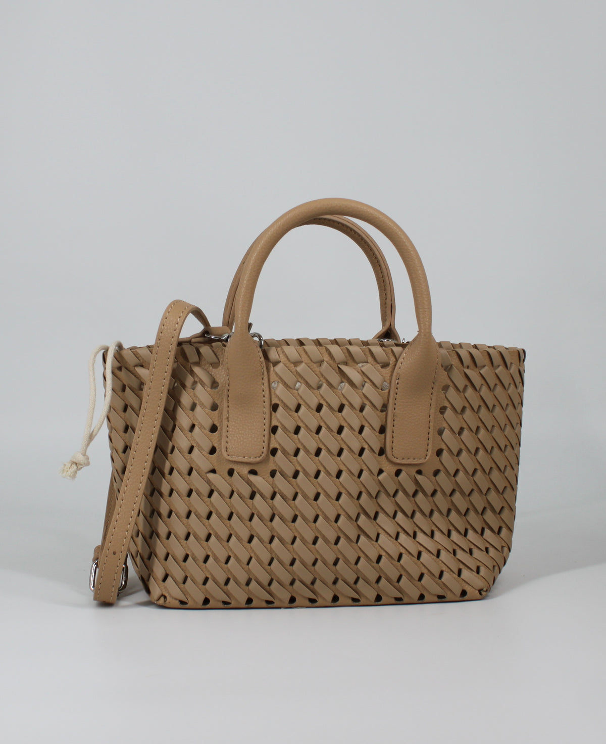 Borsa a Mano Effetto Intreccio con Tracolla Color- Sabbia