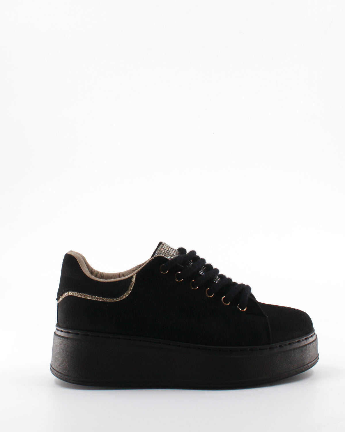 Sneaker Platform in Camoscio con Linguetta Strass e Profilo Glitter - Nero