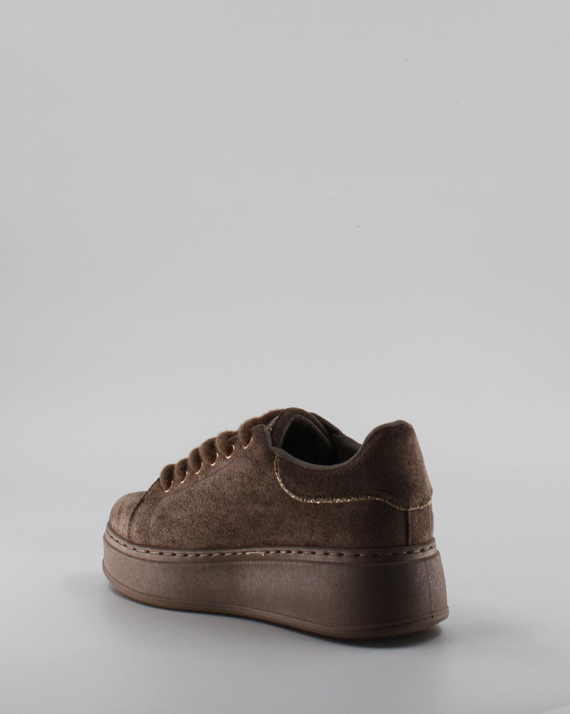 Sneaker Platform in Camoscio con Linguetta Strass e Profilo Glitter - Khaki
