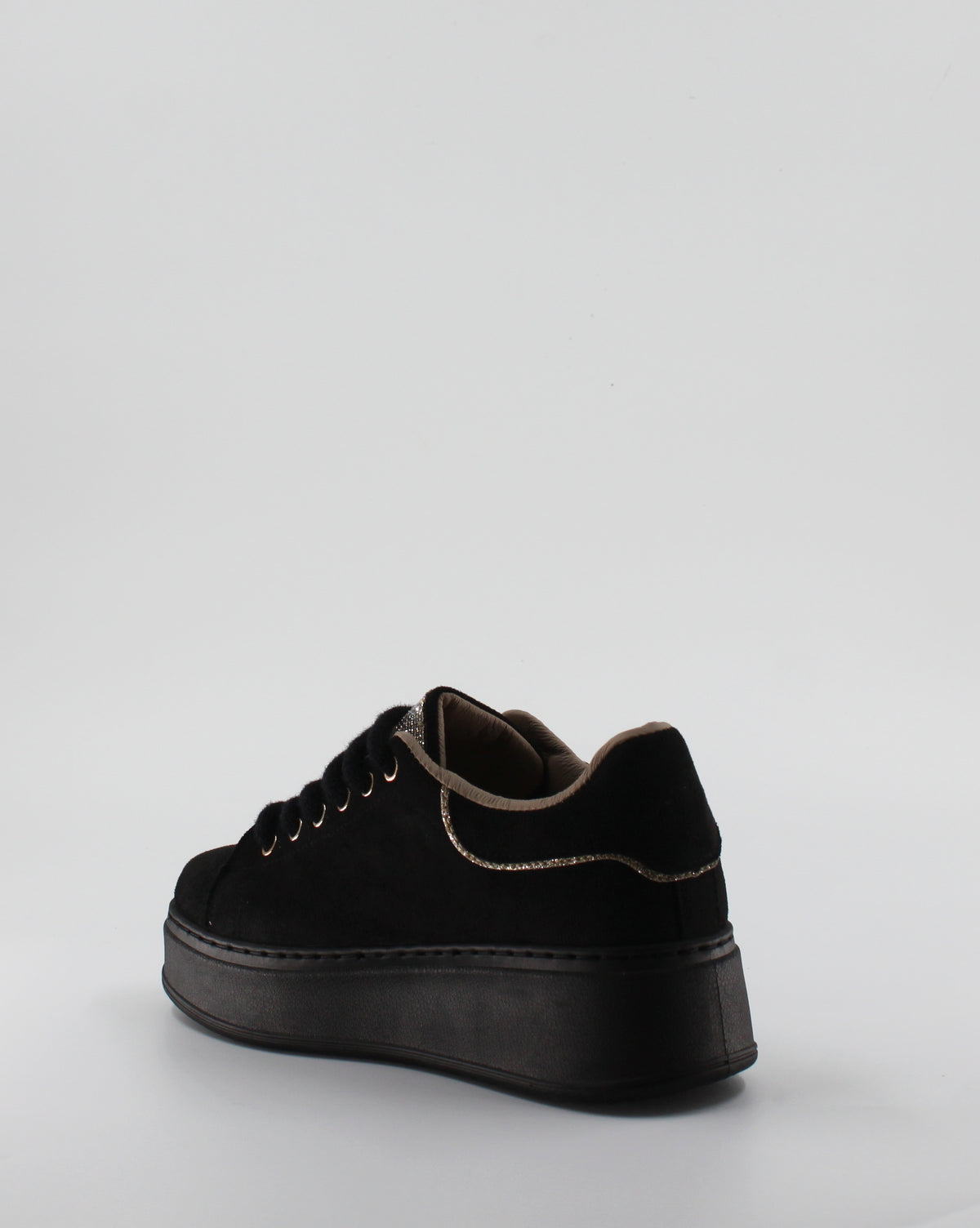 Sneaker Platform in Camoscio con Linguetta Strass e Profilo Glitter - Nero