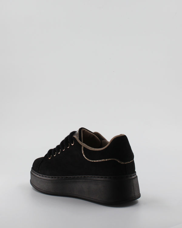 Sneaker Platform in Camoscio con Linguetta Strass e Profilo Glitter - Nero