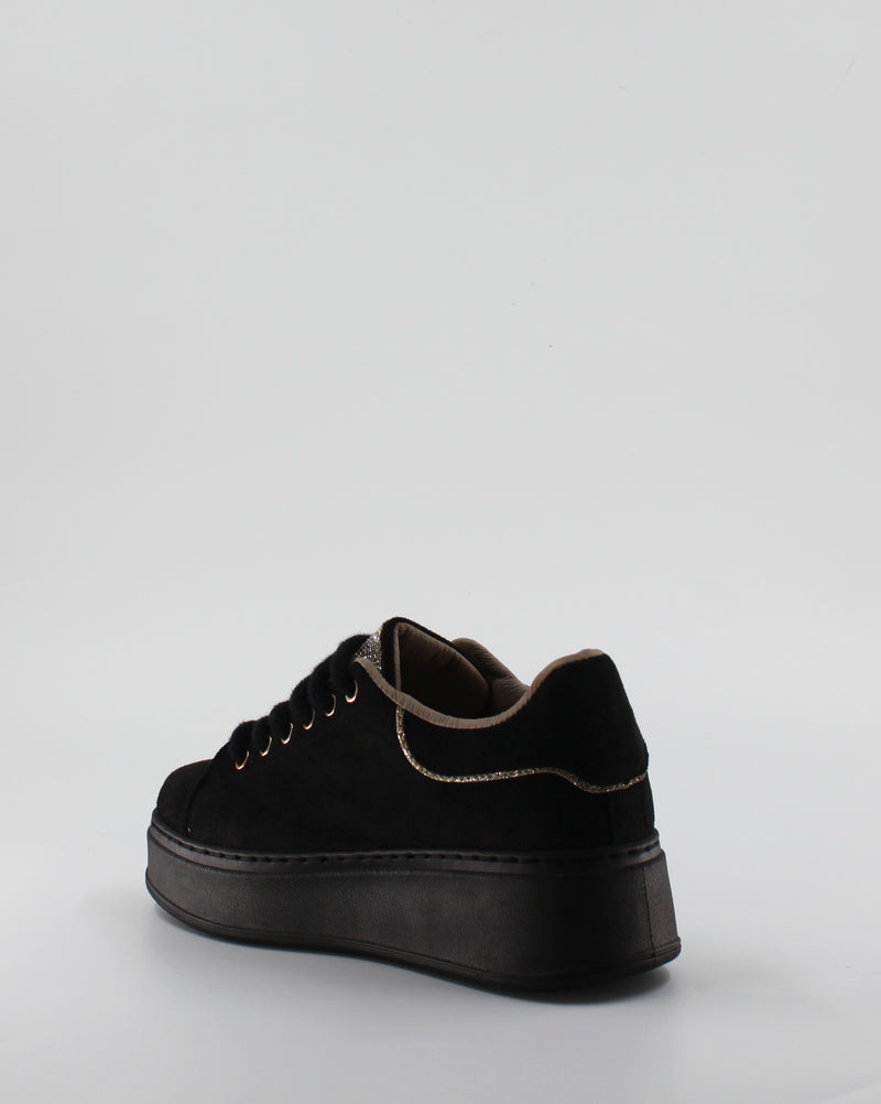 Sneaker Platform in Camoscio con Linguetta Strass e Profilo Glitter - Nero