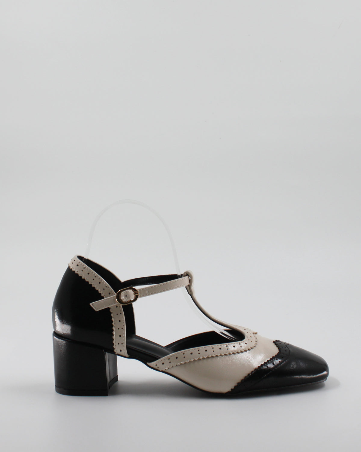 Scarpa Mary Jane Bicolore Vintage T-Bar con Tacco Largo - Nero e Panna