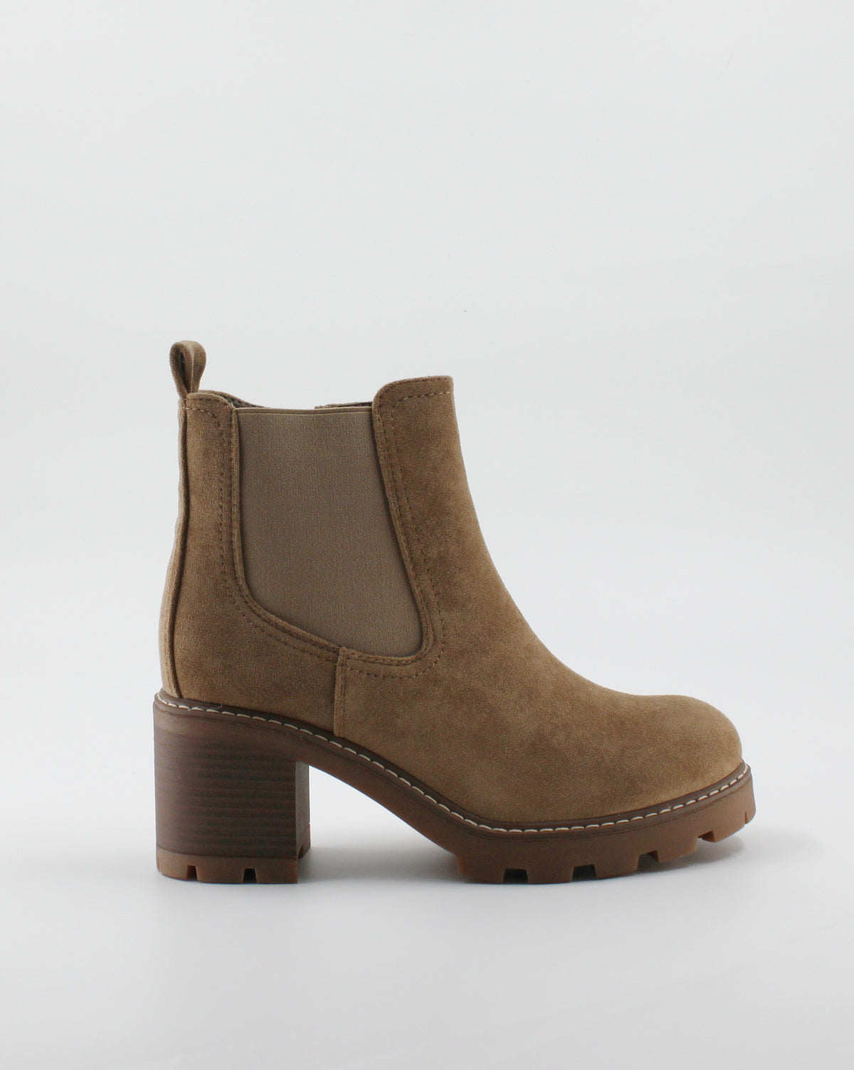 Stivaletto Chelsea Scamosciato con Tacco Medio e Suola Carroarmato - Taupe / Nocciola