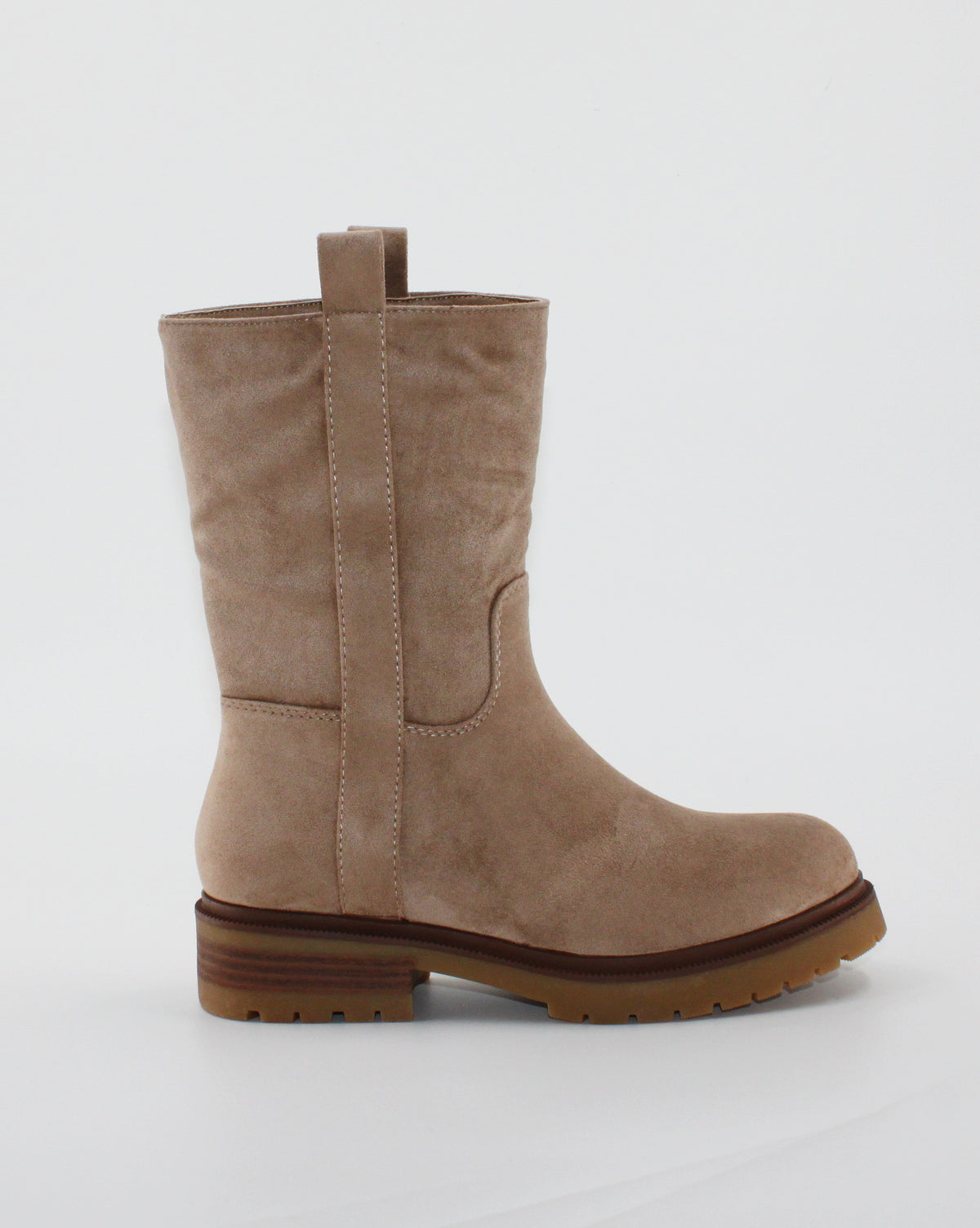 Stivale Medio Scamosciato con Suola Carrarmato e Tacco Basso - Beige / Tortora