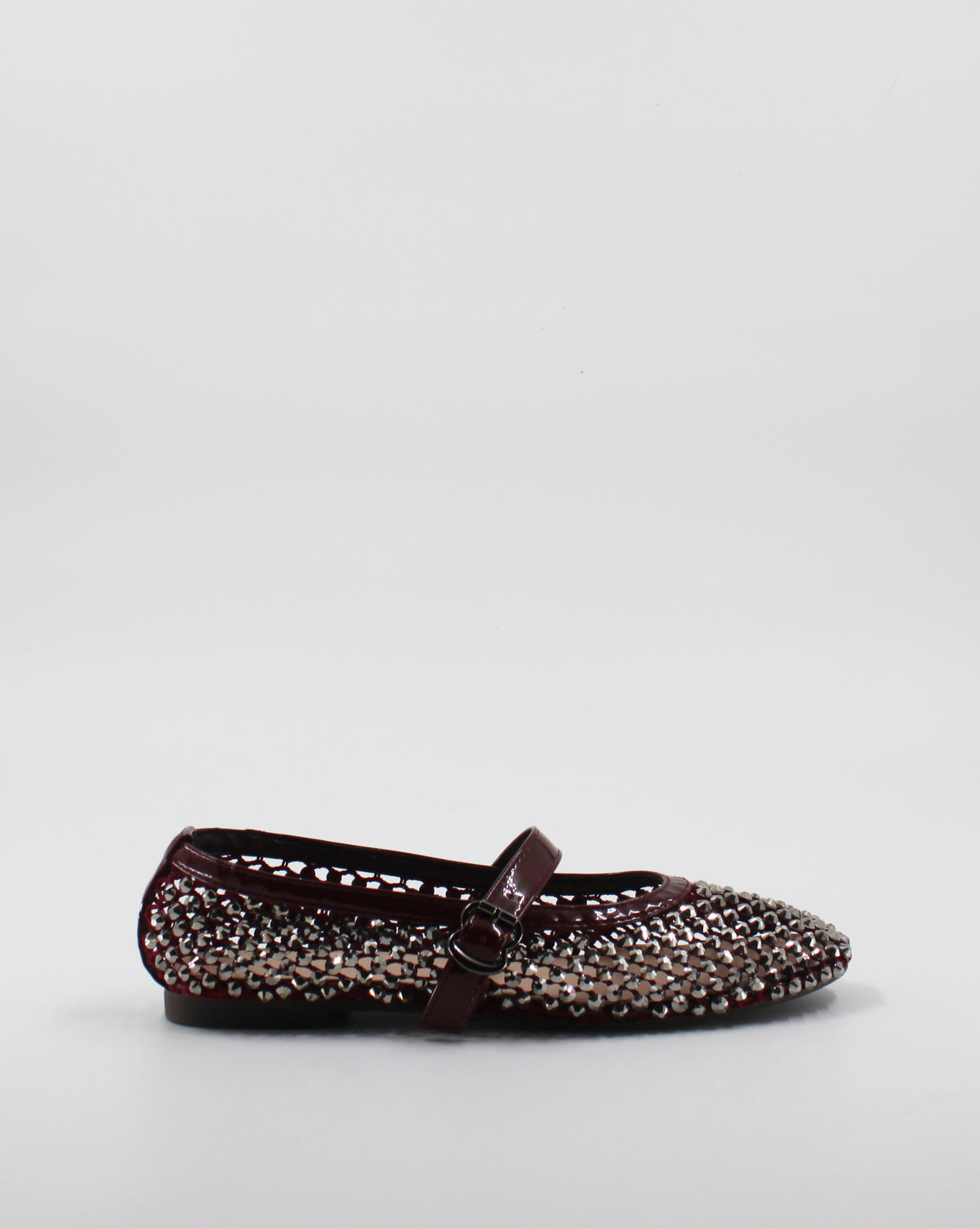 Ballerina Mary Jane in Rete con Strass e Cinturino in Vernice Wine