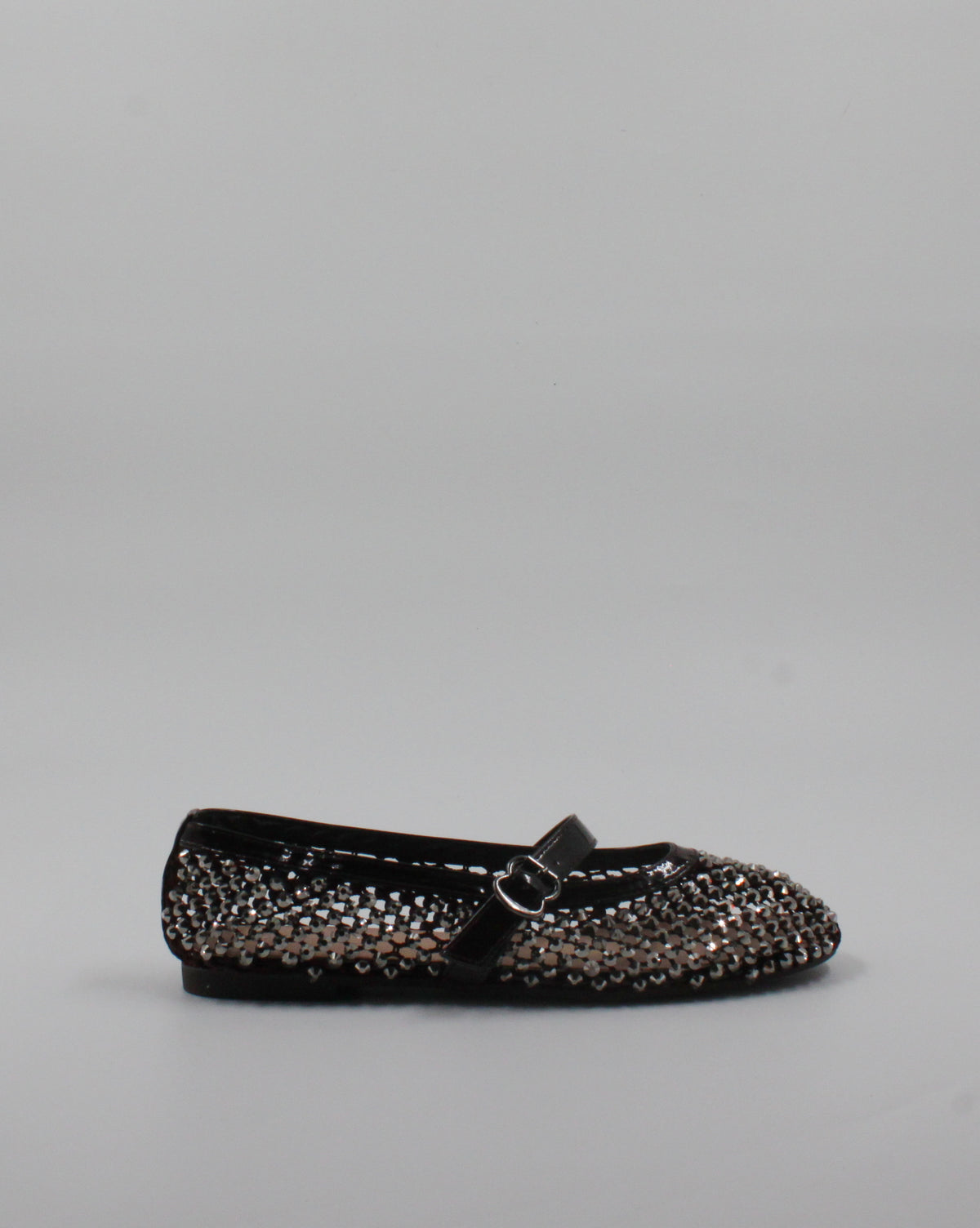 Ballerina Mary Jane in Rete con Strass e Cinturino in Vernice Marrone Scuro