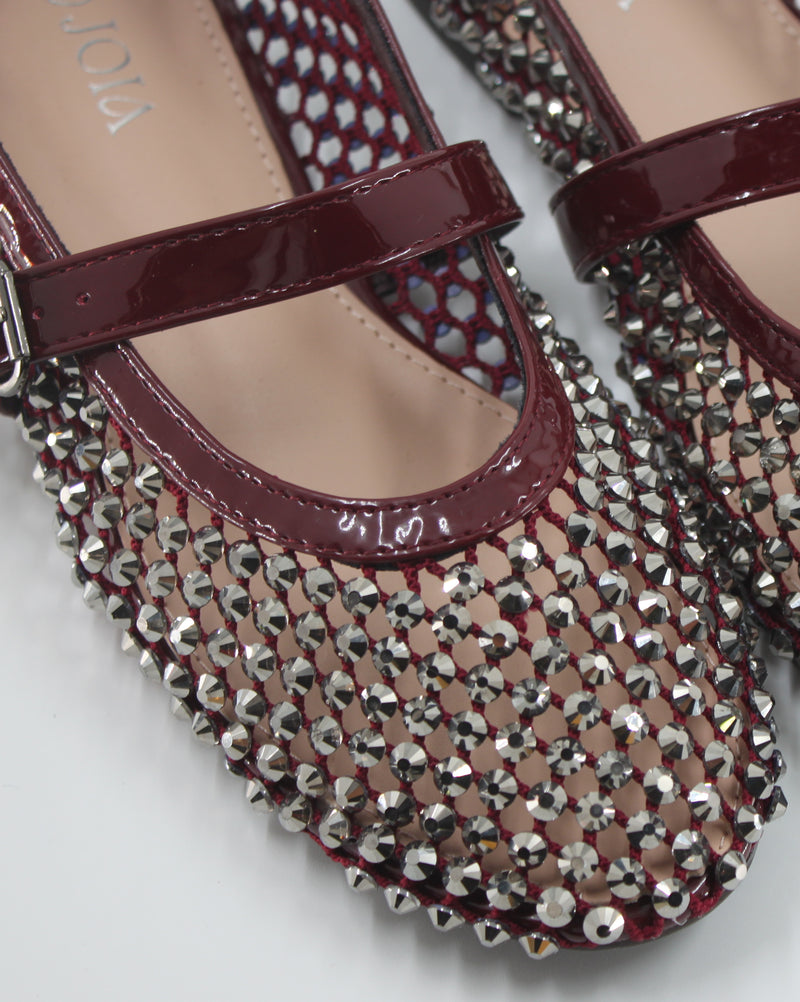Ballerina Mary Jane in Rete con Strass e Cinturino in Vernice Wine
