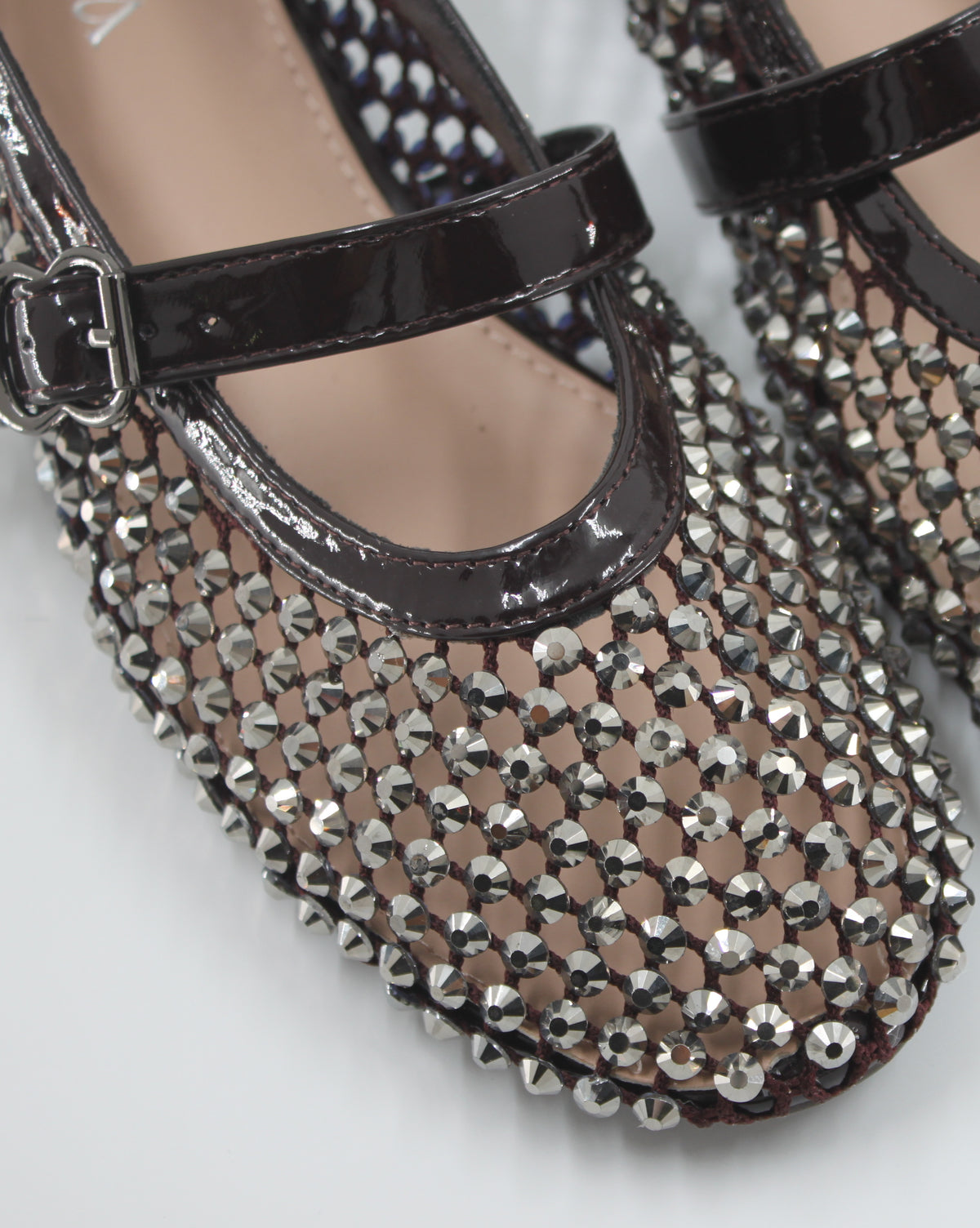 Ballerina Mary Jane in Rete con Strass e Cinturino in Vernice Marrone Scuro
