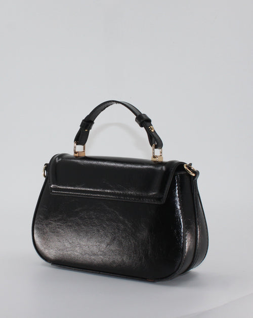 Borsa a Mano e Tracolla in Similpelle Lucida con Doppia Tracolla - Nero