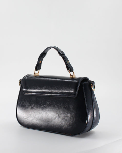 Borsa a Mano e Tracolla in Similpelle Lucida con Doppia Tracolla - Blu Notte