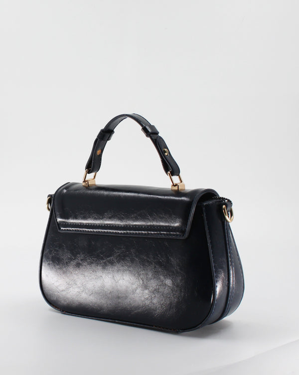 Borsa a Mano e Tracolla in Similpelle Lucida con Doppia Tracolla - Blu Notte