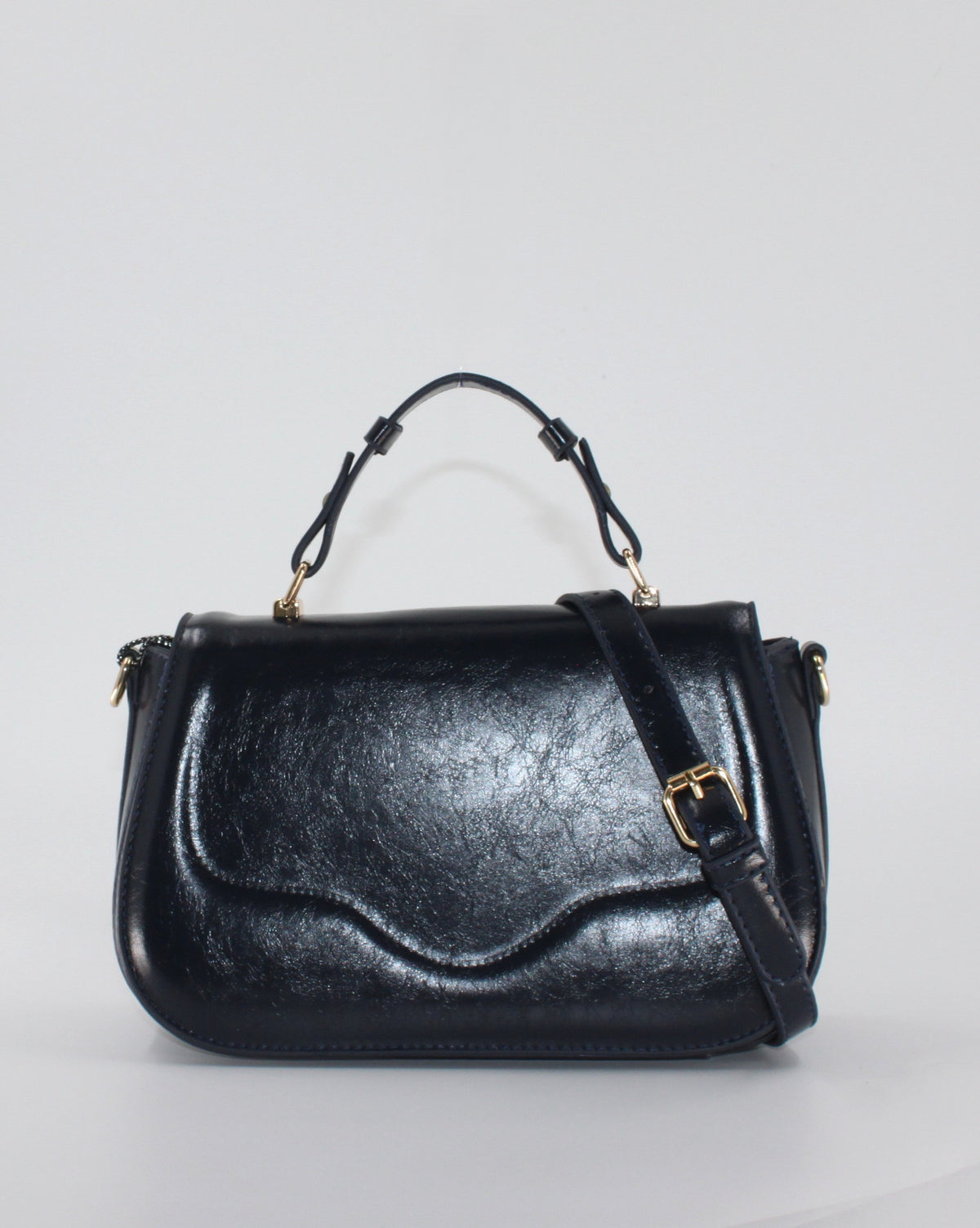 Borsa a Mano e Tracolla in Similpelle Lucida con Doppia Tracolla - Blu Notte