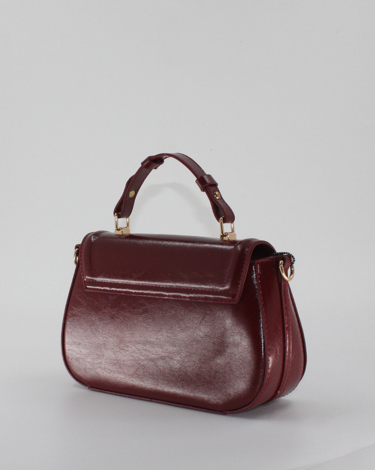 Borsa a Mano e Tracolla in Similpelle Lucida con Doppia Tracolla - Rosso / Borgogna