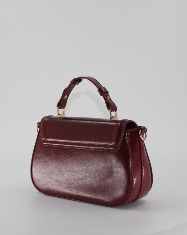 Borsa a Mano e Tracolla in Similpelle Lucida con Doppia Tracolla - Rosso / Borgogna