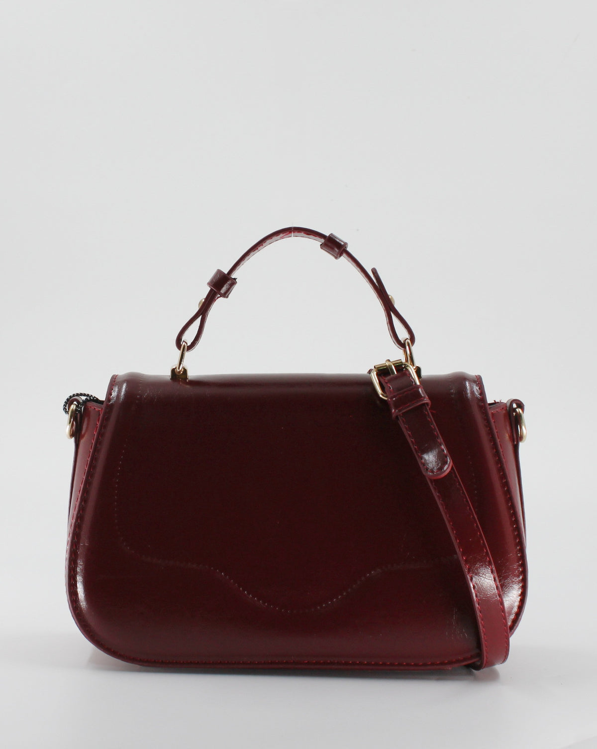 Borsa a Mano e Tracolla in Similpelle Lucida con Doppia Tracolla - Rosso / Borgogna