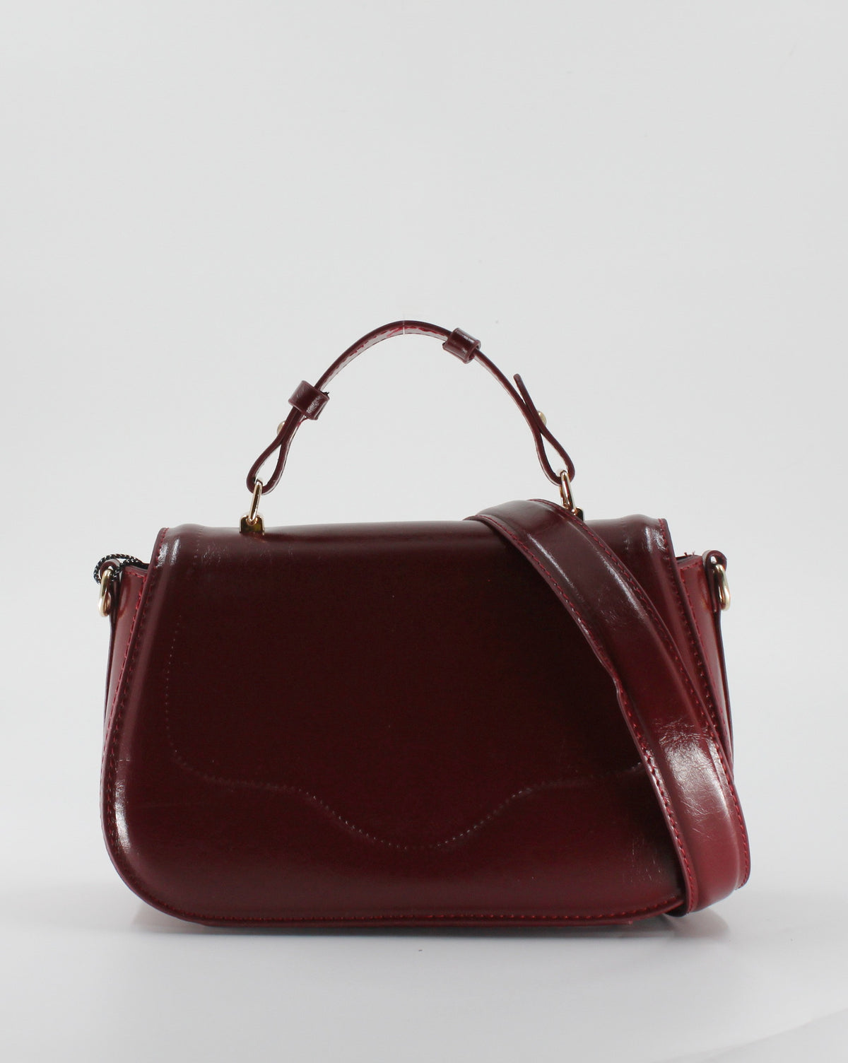Borsa a Mano e Tracolla in Similpelle Lucida con Doppia Tracolla - Rosso / Borgogna