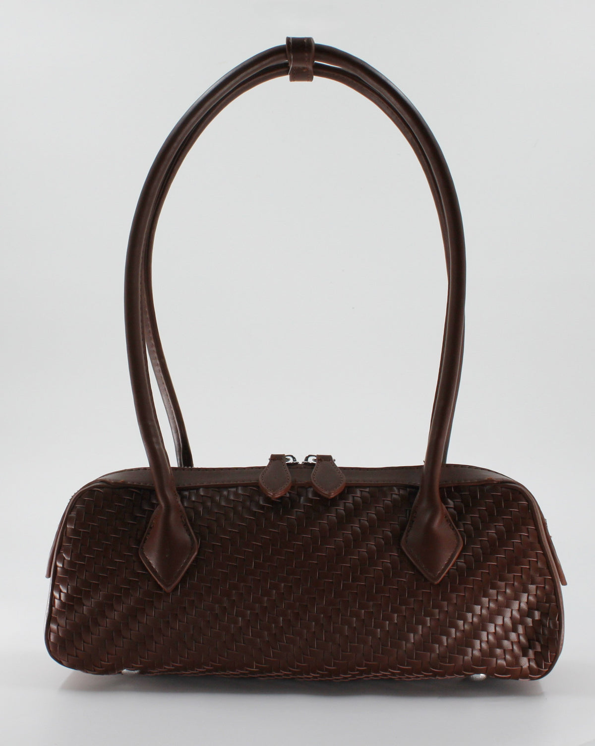 Borsa Bauletto a Spalla Intrecciata in Similpelle con Zip Doppia - Marrone