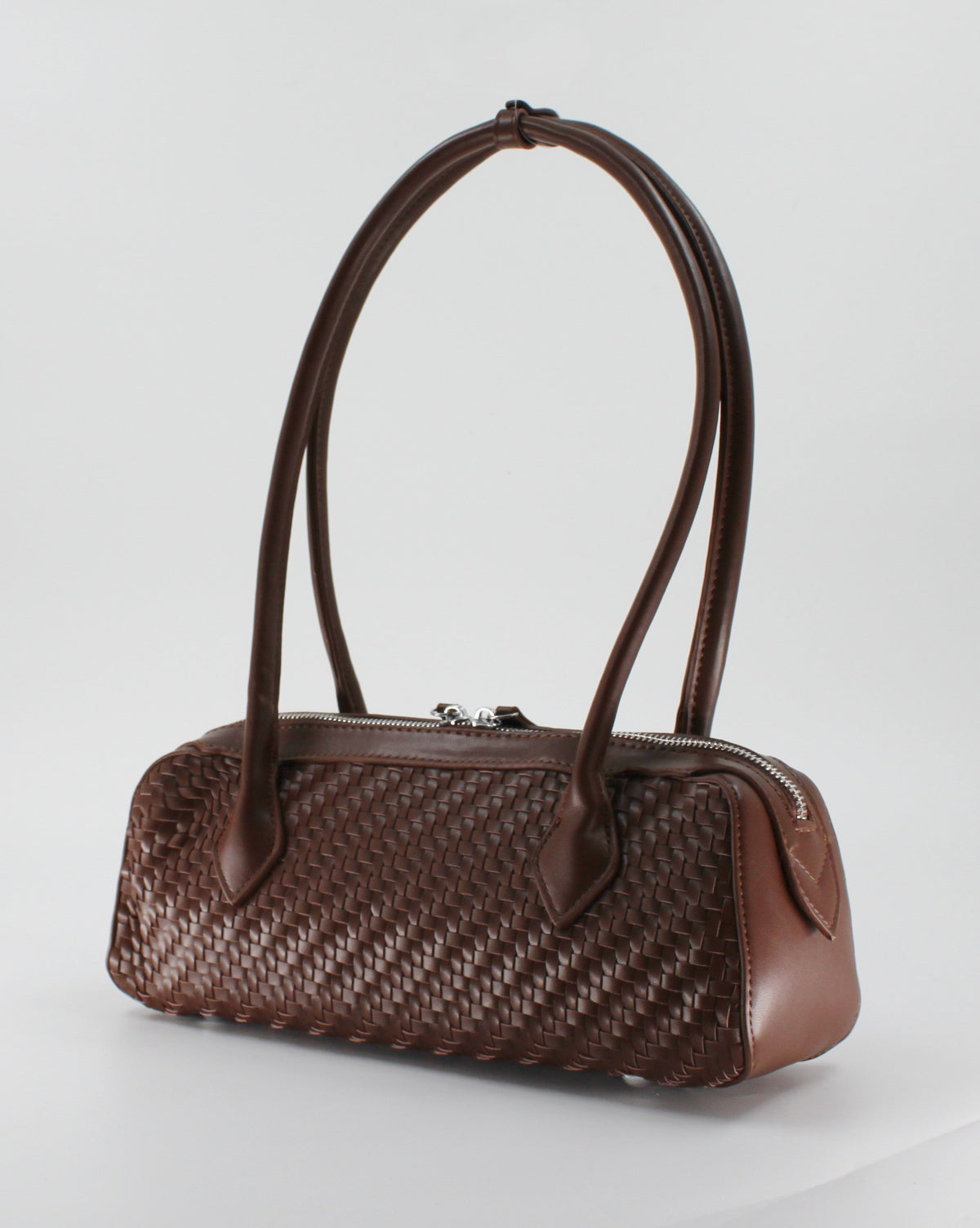 Borsa Bauletto a Spalla Intrecciata in Similpelle con Zip Doppia - Marrone