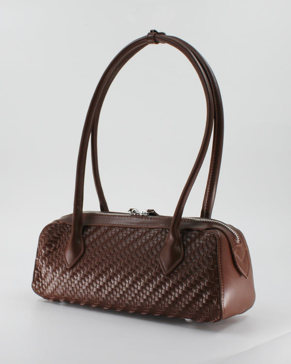 Borsa Bauletto a Spalla Intrecciata in Similpelle con Zip Doppia - Marrone