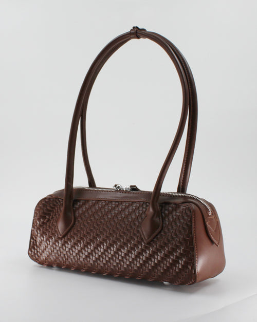 Borsa Bauletto a Spalla Intrecciata in Similpelle con Zip Doppia - Marrone Scuro