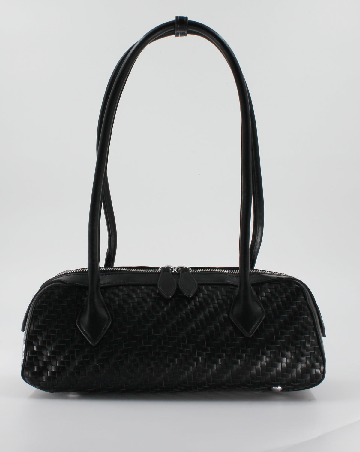 Borsa Bauletto a Spalla Intrecciata in Similpelle con Zip Doppia - Nero