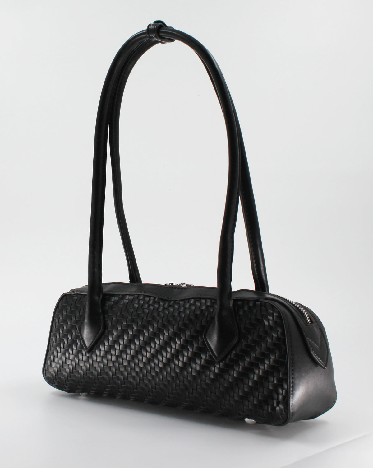 Borsa Bauletto a Spalla Intrecciata in Similpelle con Zip Doppia - Nero