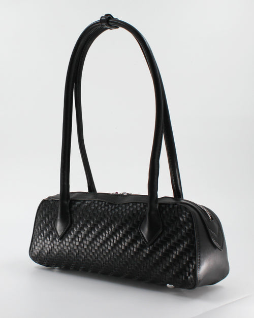 Borsa Bauletto a Spalla Intrecciata in Similpelle con Zip Doppia - Nero