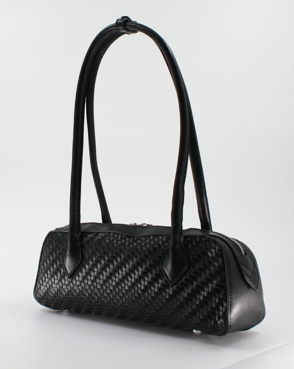 Borsa Bauletto a Spalla Intrecciata in Similpelle con Zip Doppia - Nero