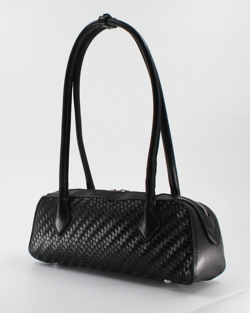 Borsa Bauletto a Spalla Intrecciata in Similpelle con Zip Doppia - Nero